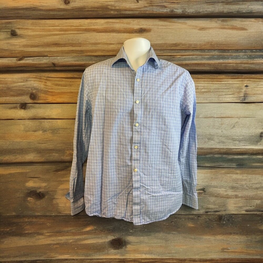 Michael Kors Mens Shirt Medium Blue Plaid  Button-Down Slim Fit Cotton Preppy